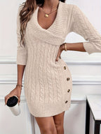 Women's Cable Knit Mini Dress with V-Neck and Gold Side Buttons, view 7