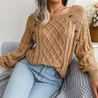 Women's Cable Knit Square Neck Jumper with Buttons, Brown, view 1
