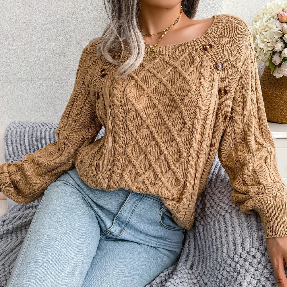 Women's Cable Knit Square Neck Jumper with Buttons, Brown, view 1