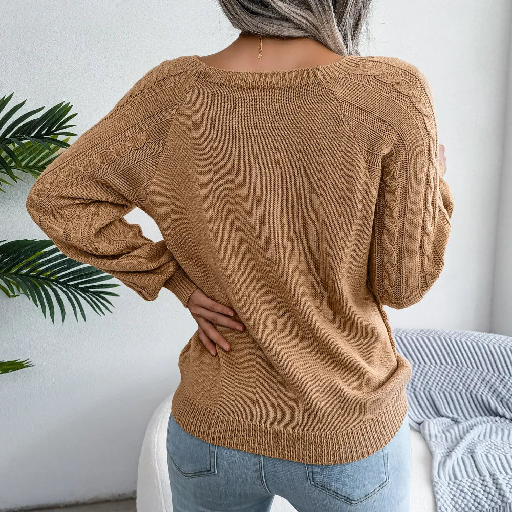 Women's Cable Knit Square Neck Jumper with Buttons, view 2