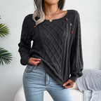 Women's Cable Knit Square Neck Jumper with Buttons, Black, view 3