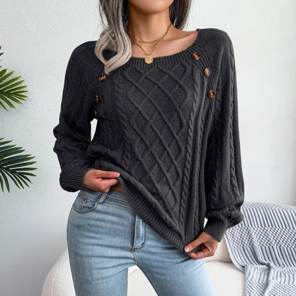 Women's Cable Knit Square Neck Jumper with Buttons, Black, view 3