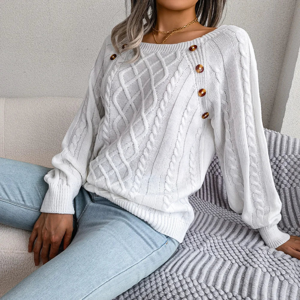 Women's Cable Knit Square Neck Jumper with Buttons, White, view 5