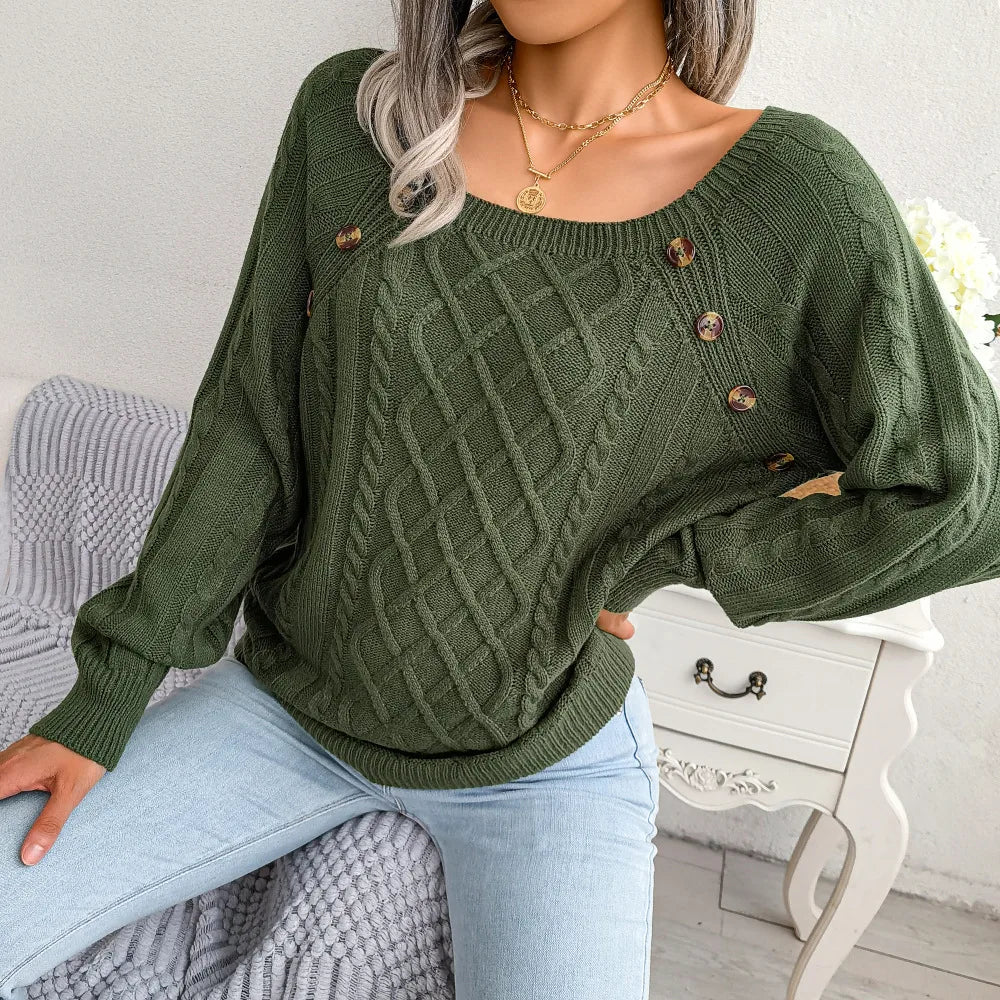 Women's Cable Knit Square Neck Jumper with Buttons, Green, view 6