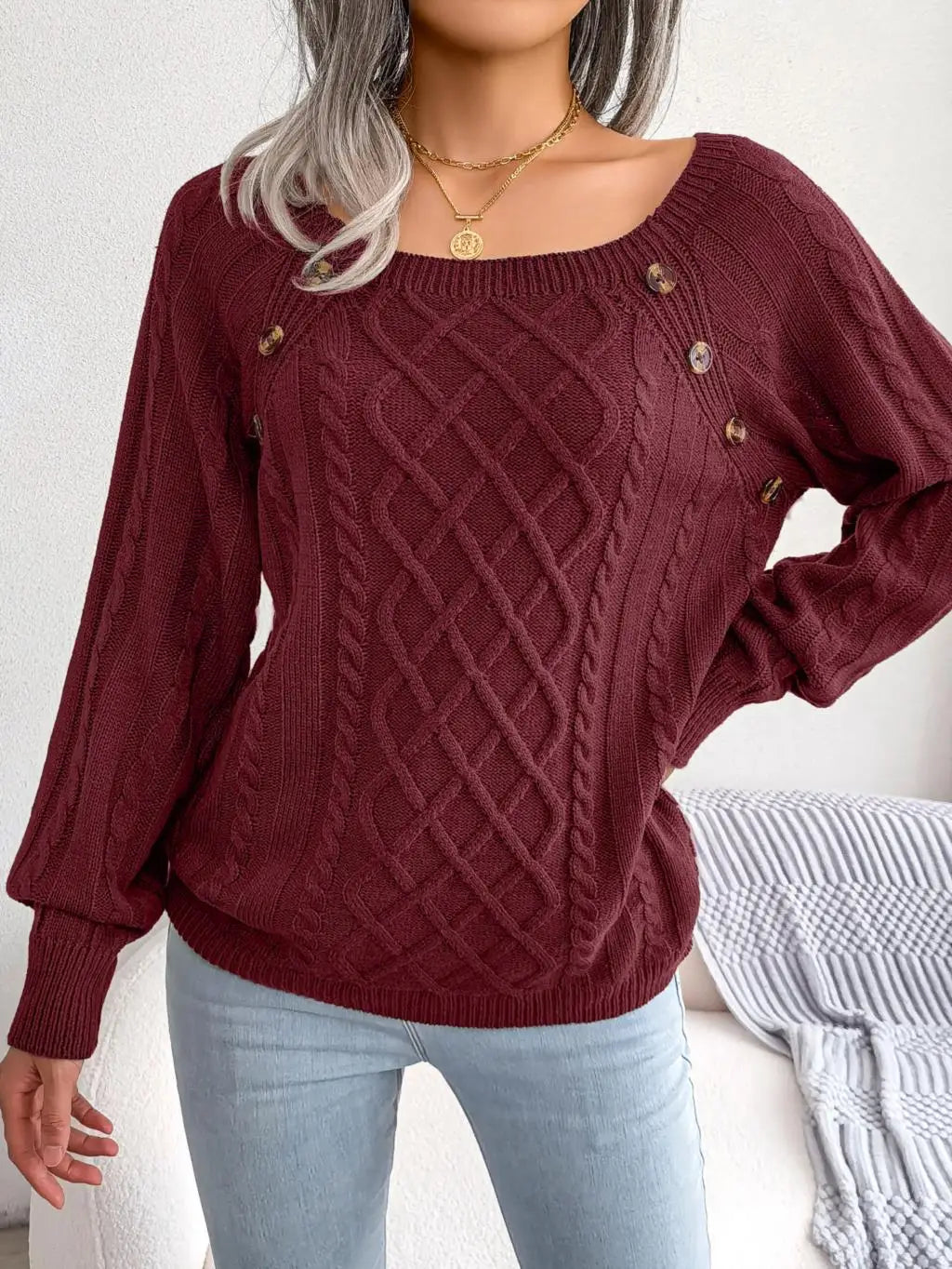 Women's Cable Knit Square Neck Jumper with Buttons, Burgundy, view 7