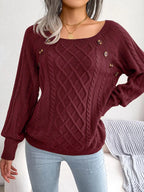 Women's Cable Knit Square Neck Jumper with Buttons, Burgundy, view 7