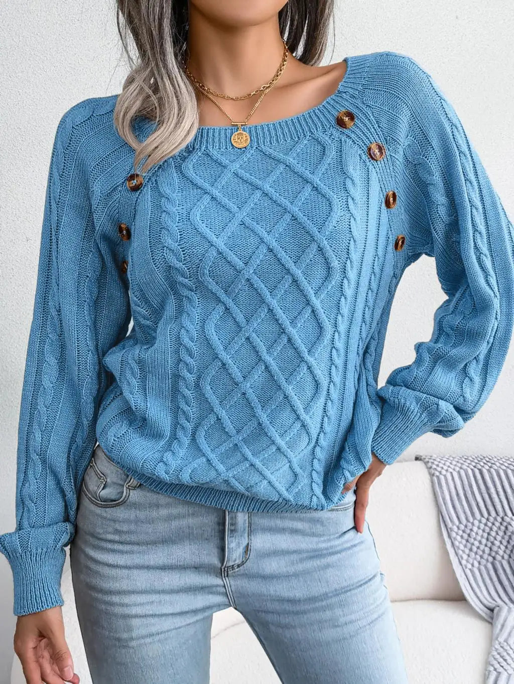 Women's Cable Knit Square Neck Jumper with Buttons, Blue, view 8
