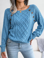 Women's Cable Knit Square Neck Jumper with Buttons, Blue, view 8