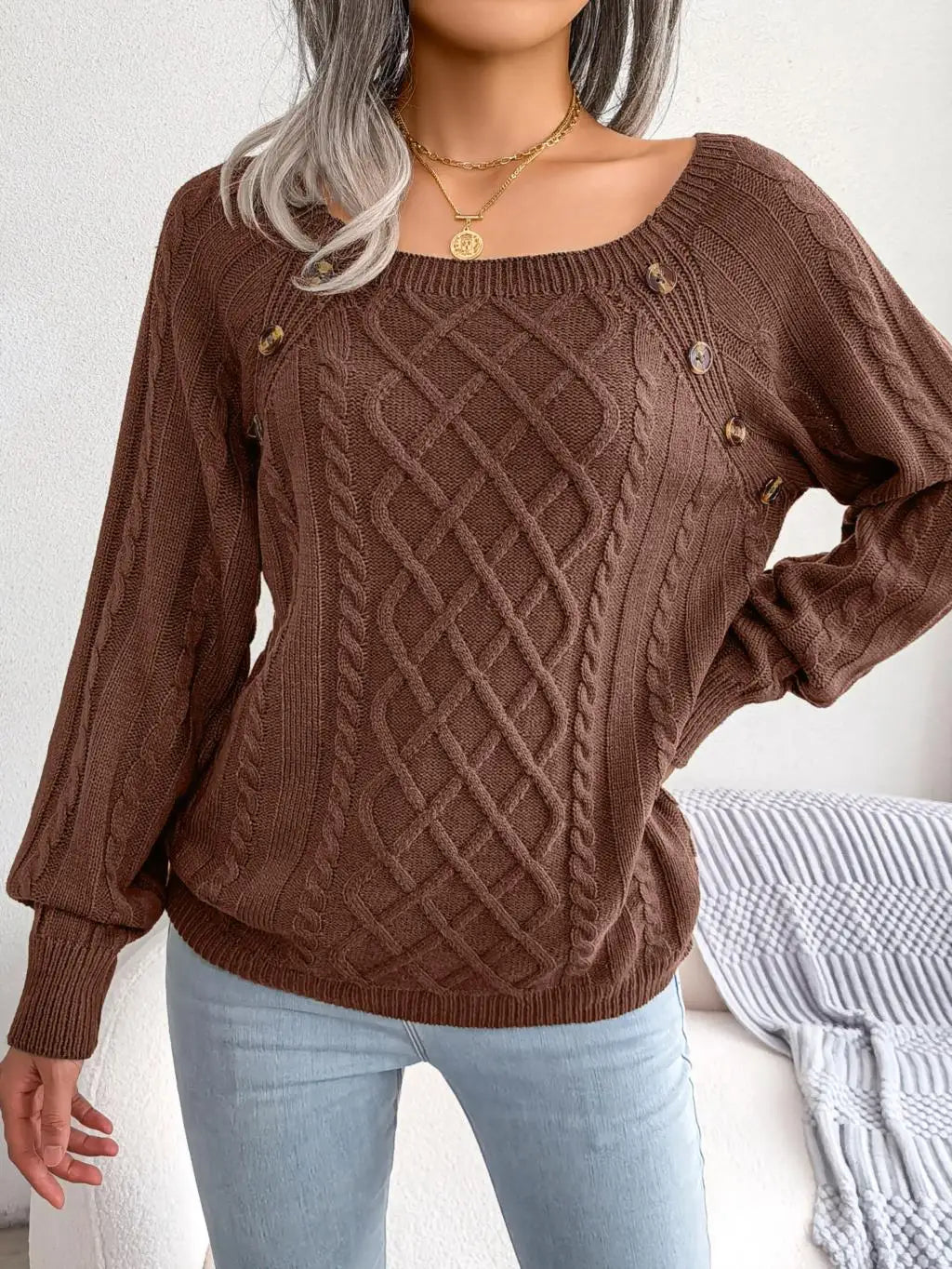 Women's Cable Knit Square Neck Jumper with Buttons, Chocolate, view 9