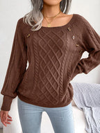 Women's Cable Knit Square Neck Jumper with Buttons, Chocolate, view 9