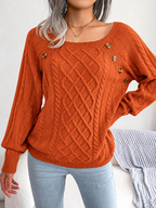 Women's Cable Knit Square Neck Jumper with Buttons, Orange, view 10