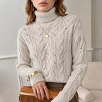 Women's Cable Knit Turtleneck Jumper with Open Knit Detail, Cream, view 1