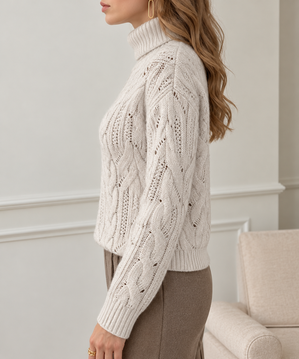 Women's Cable Knit Turtleneck Jumper with Open Knit Detail, view 2