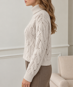 Women's Cable Knit Turtleneck Jumper with Open Knit Detail, view 2