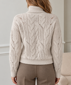 Women's Cable Knit Turtleneck Jumper with Open Knit Detail, view 3
