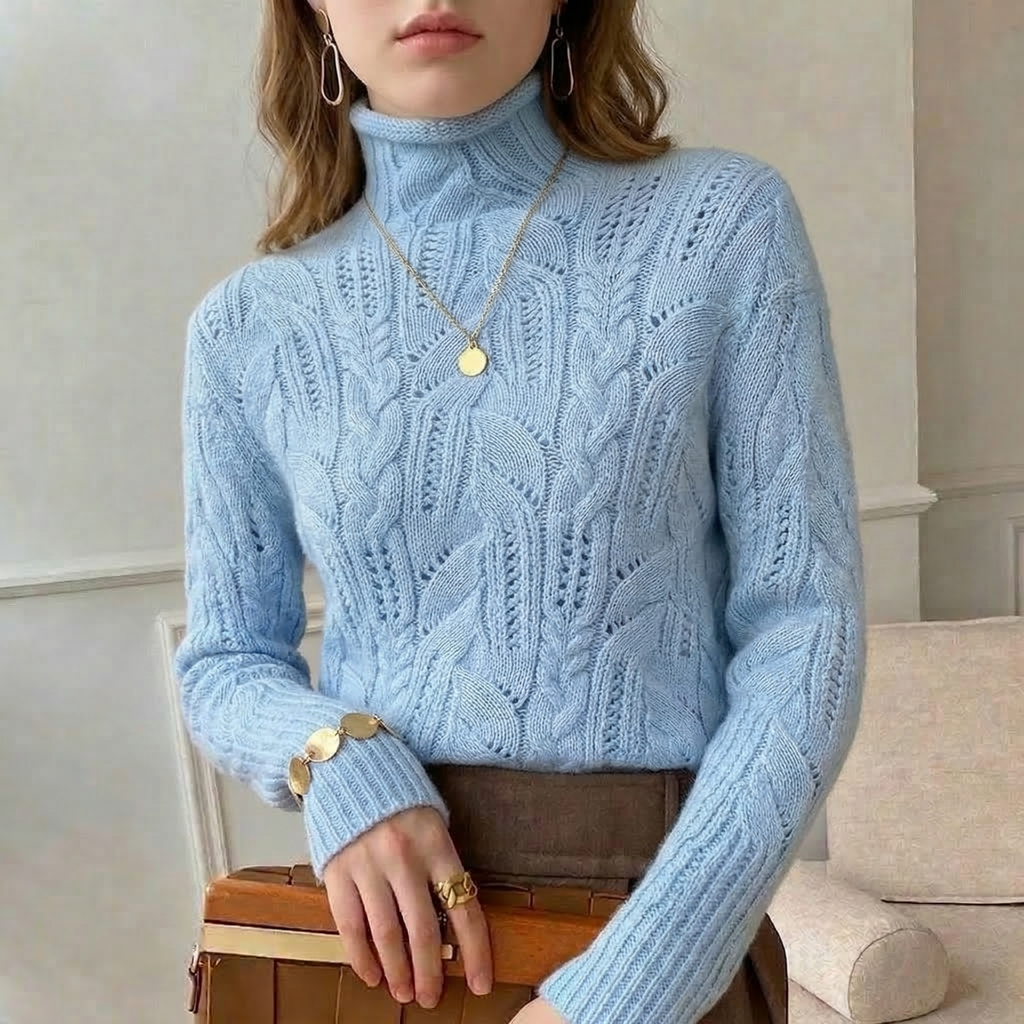 Women's Cable Knit Turtleneck Jumper with Open Knit Detail, Blue, view 4