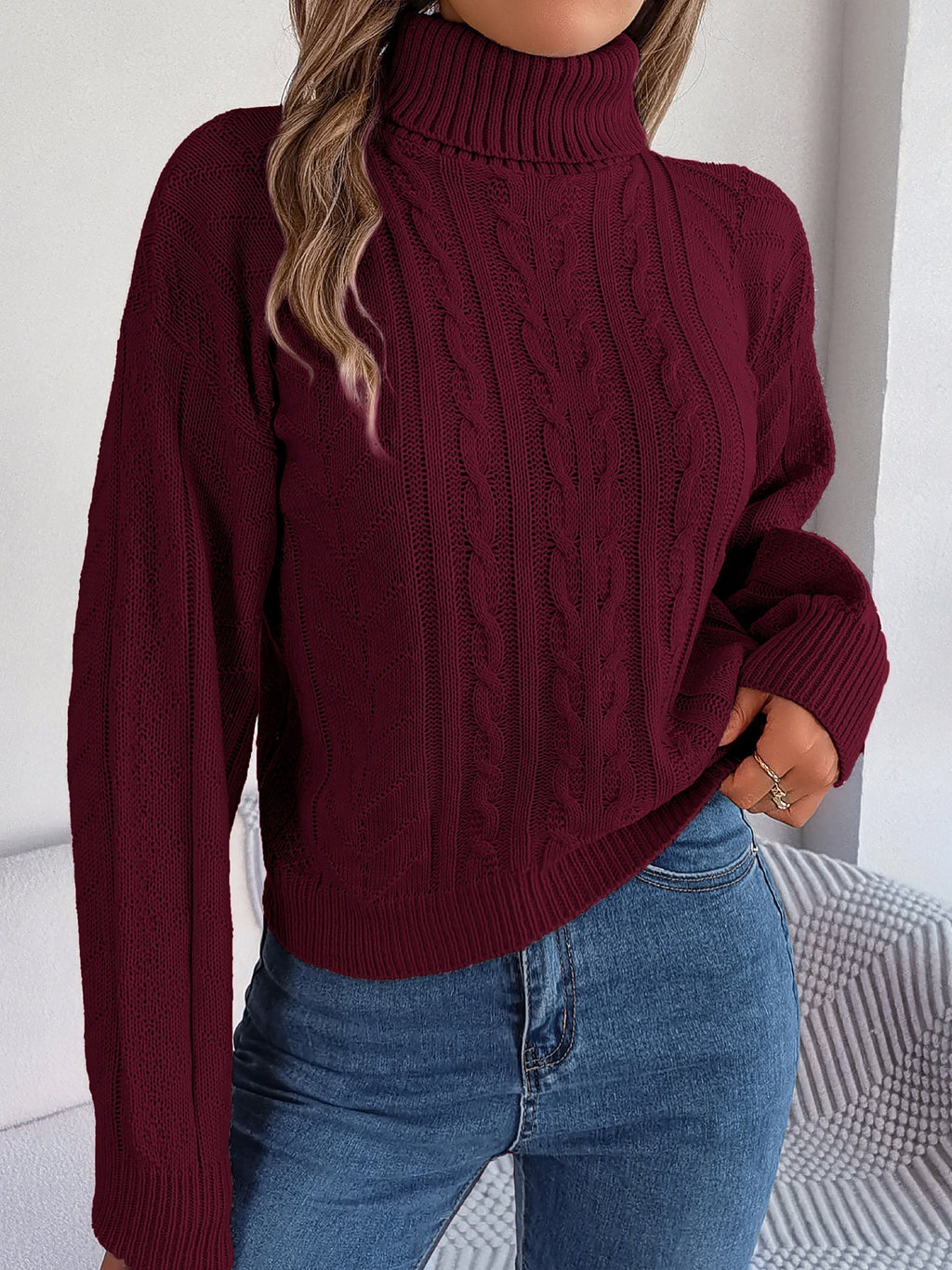 Women's Cable-Knit Turtleneck Jumper with Puff Sleeves, Burgundy, view 1