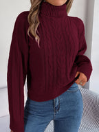 Women's Cable-Knit Turtleneck Jumper with Puff Sleeves, Burgundy, view 1