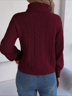 Women's Cable-Knit Turtleneck Jumper with Puff Sleeves, view 2