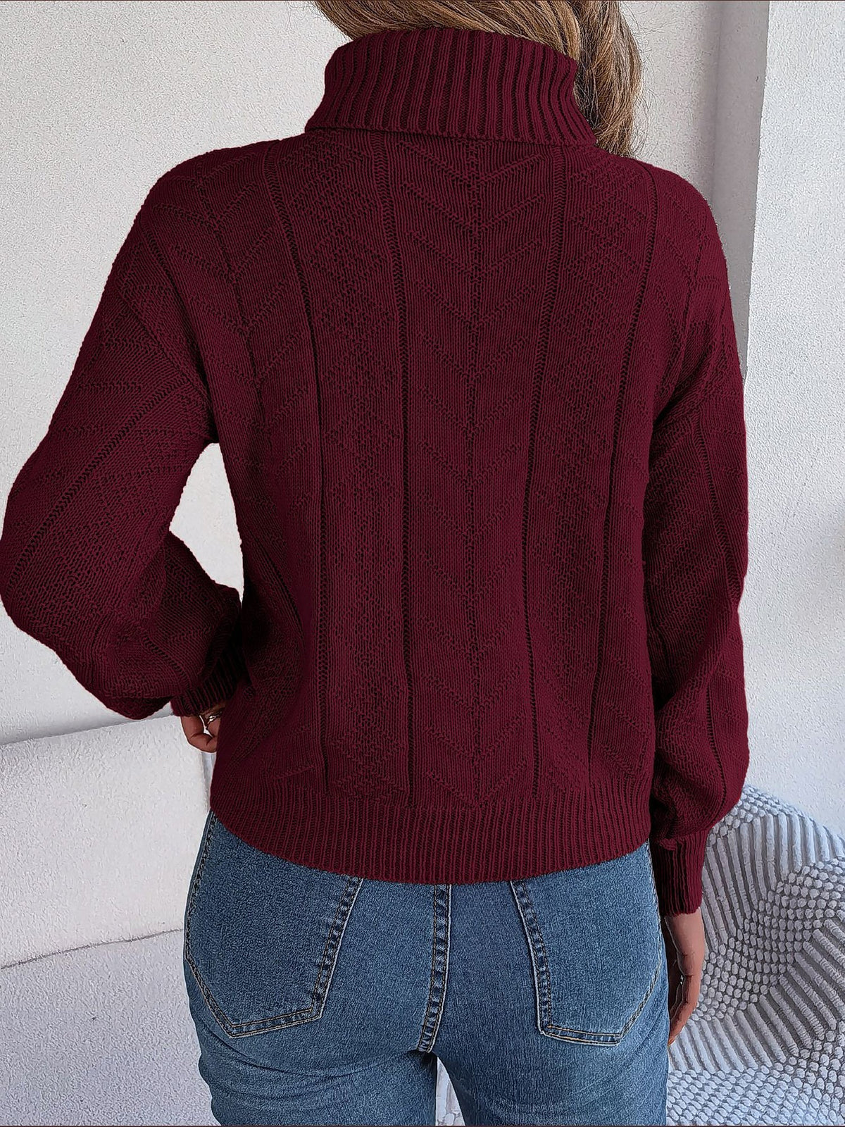 Women's Cable-Knit Turtleneck Jumper with Puff Sleeves, view 2