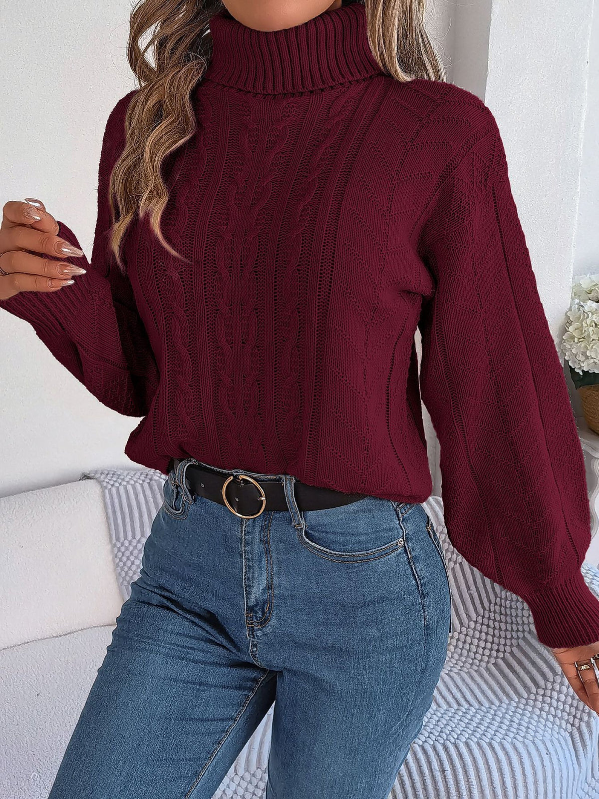 Women's Cable-Knit Turtleneck Jumper with Puff Sleeves, view 3
