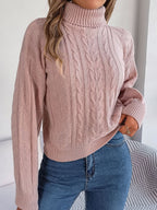 Women's Cable-Knit Turtleneck Jumper with Puff Sleeves, Pink, view 4