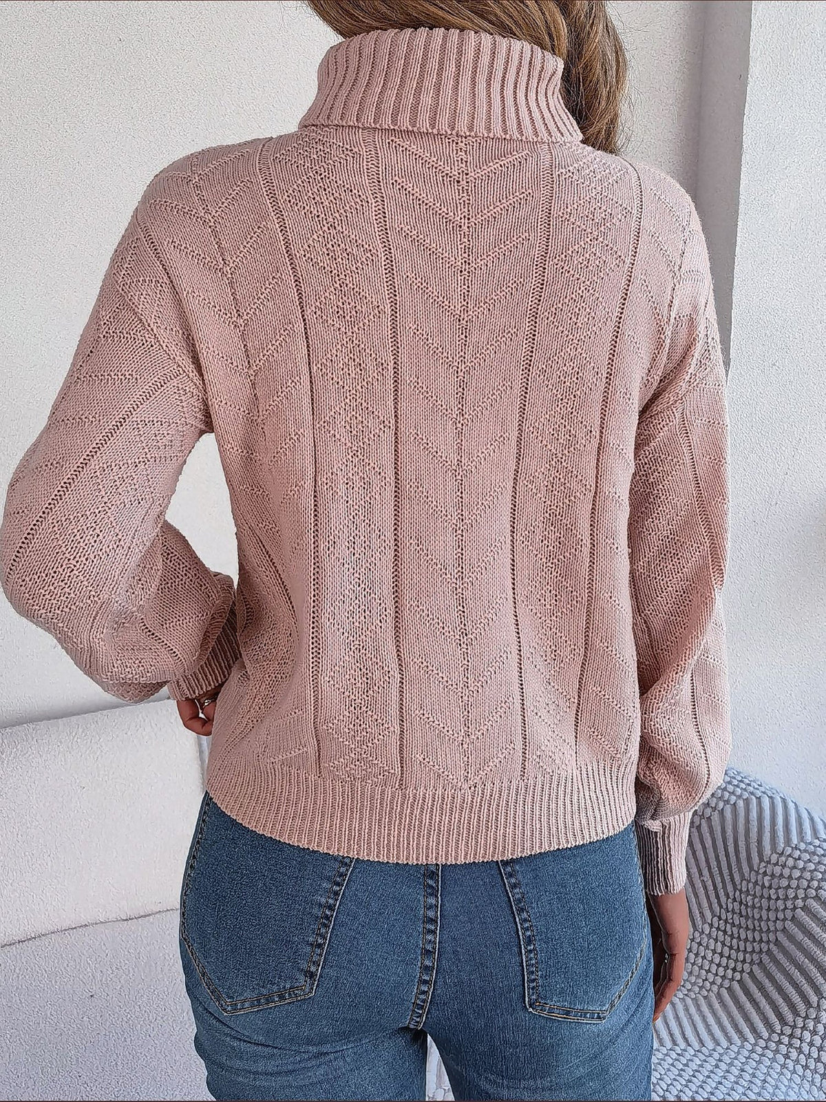 Women's Cable-Knit Turtleneck Jumper with Puff Sleeves, view 5