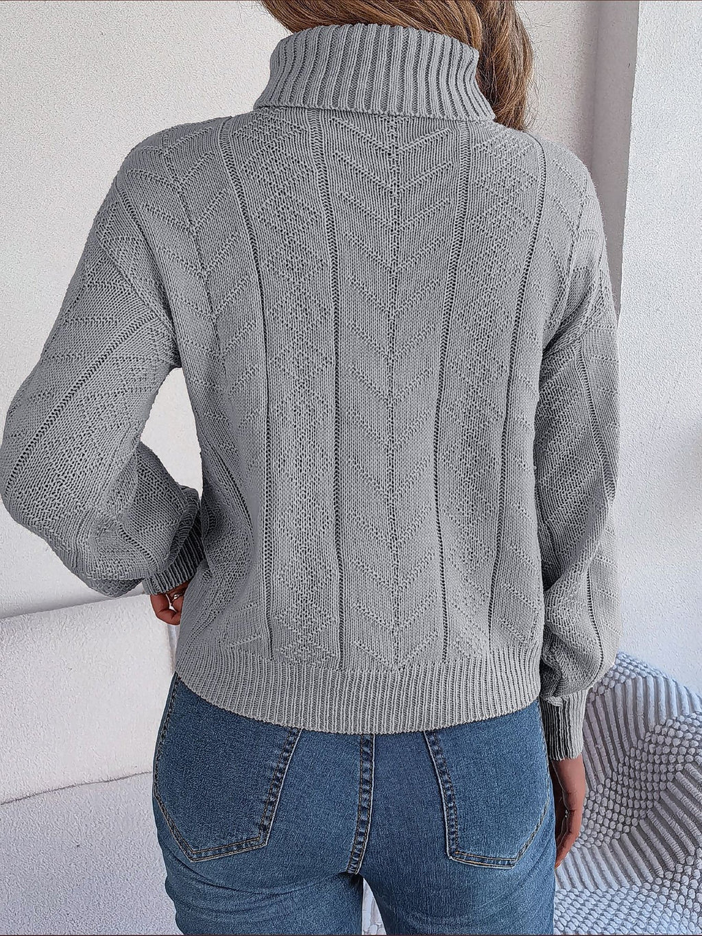 Women's Cable-Knit Turtleneck Jumper with Puff Sleeves, view 7