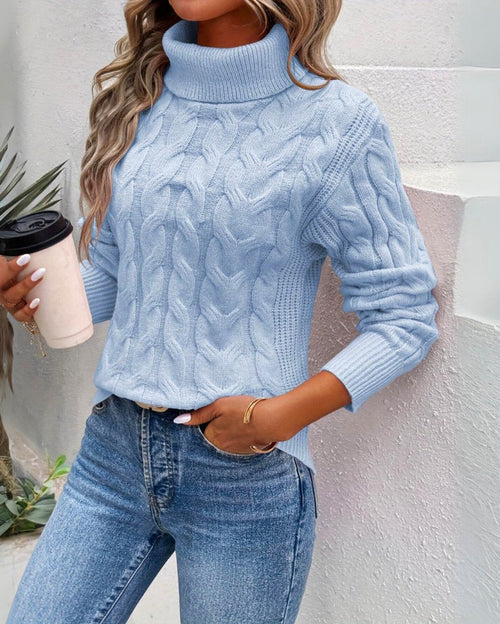 Women's Cable Knit Turtleneck Jumper with Ribbed Cuffs, Blue, view 1