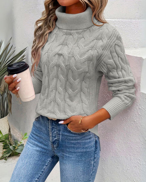 Women's Cable Knit Turtleneck Jumper with Ribbed Cuffs, Grey, view 2