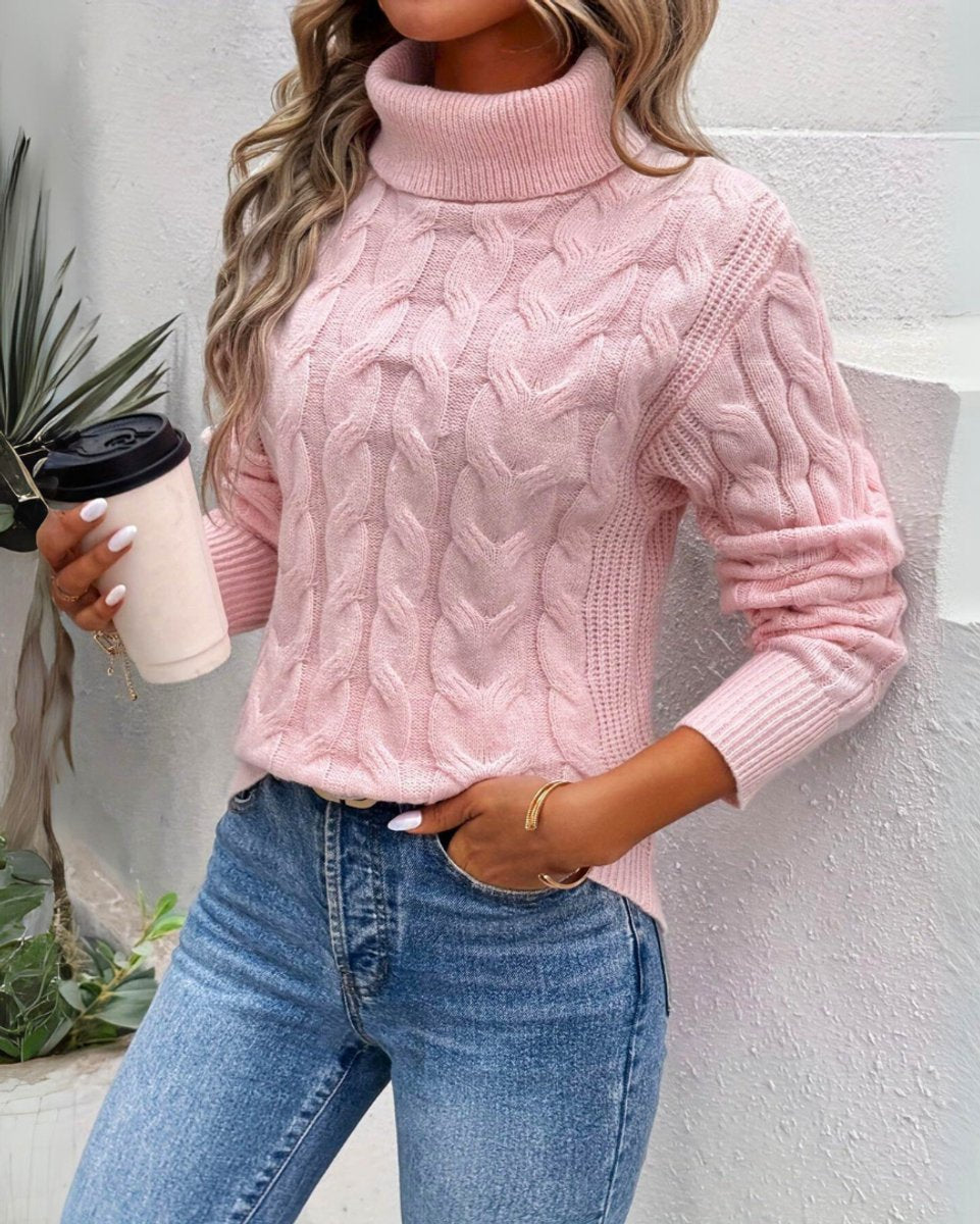 Women's Cable Knit Turtleneck Jumper with Ribbed Cuffs, Pink, view 3