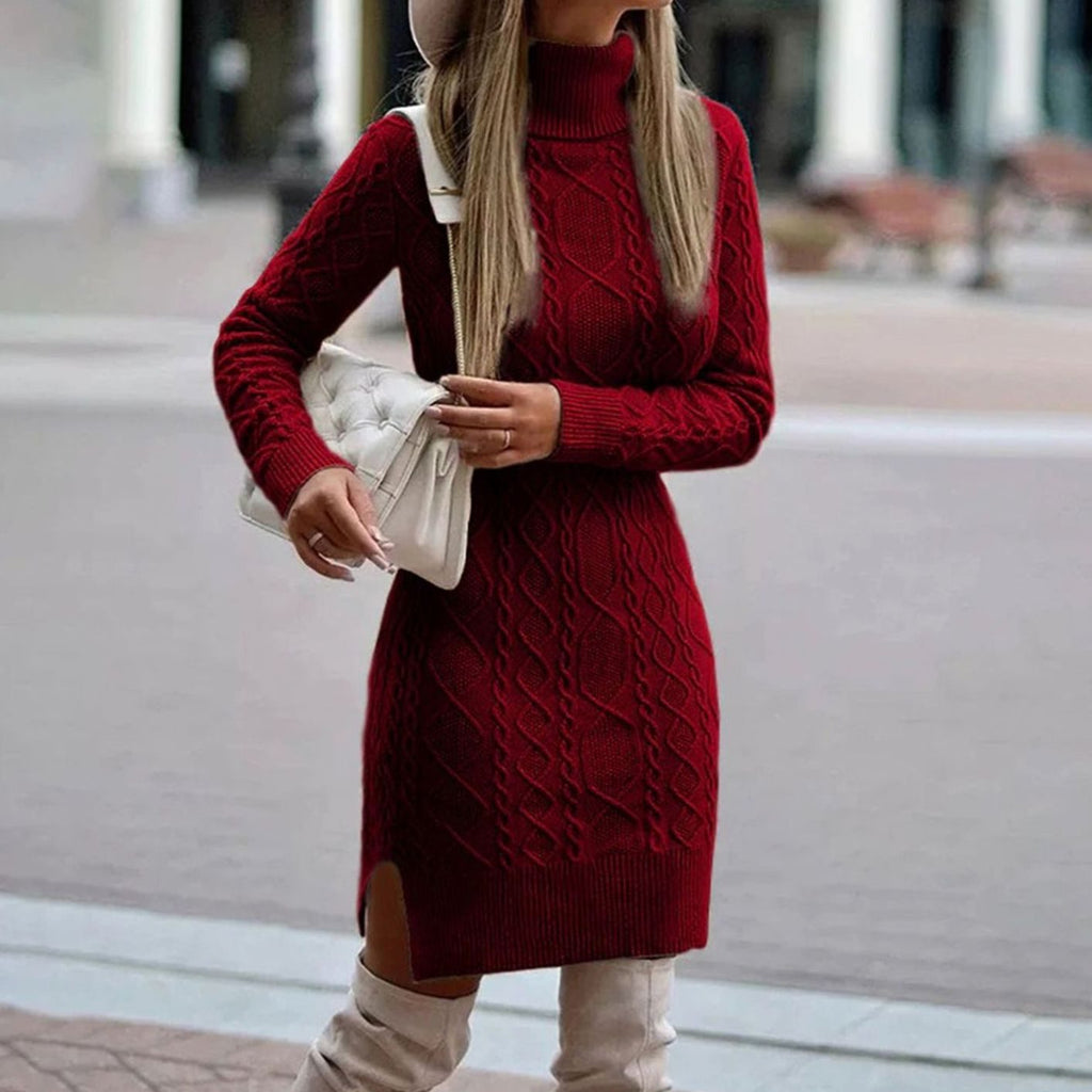 Women's Cable Knit Turtleneck Midi Dress with Side Slit, Burgundy, view 1