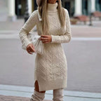 Women's Cable Knit Turtleneck Midi Dress with Side Slit, Beige, view 3