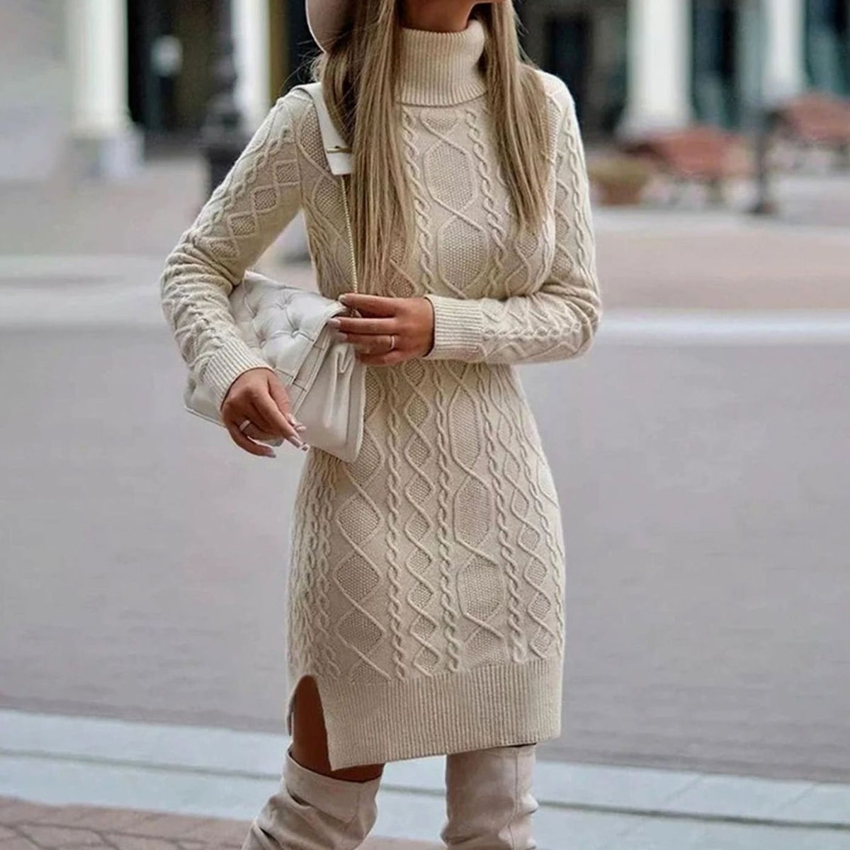 Women's Cable Knit Turtleneck Midi Dress with Side Slit, Beige, view 3