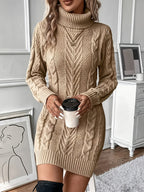 Women's Cable Knit Turtleneck Mini Dress with Long Sleeves, Khaki, view 1