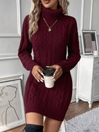 Women's Cable Knit Turtleneck Mini Dress with Long Sleeves, Burgundy, view 3