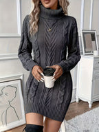 Women's Cable Knit Turtleneck Mini Dress with Long Sleeves, view 5
