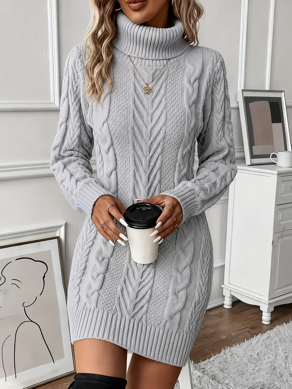 Women's Cable Knit Turtleneck Mini Dress with Long Sleeves, Light Grey, view 6