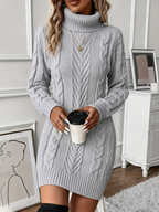 Women's Cable Knit Turtleneck Mini Dress with Long Sleeves, Light Grey, view 6