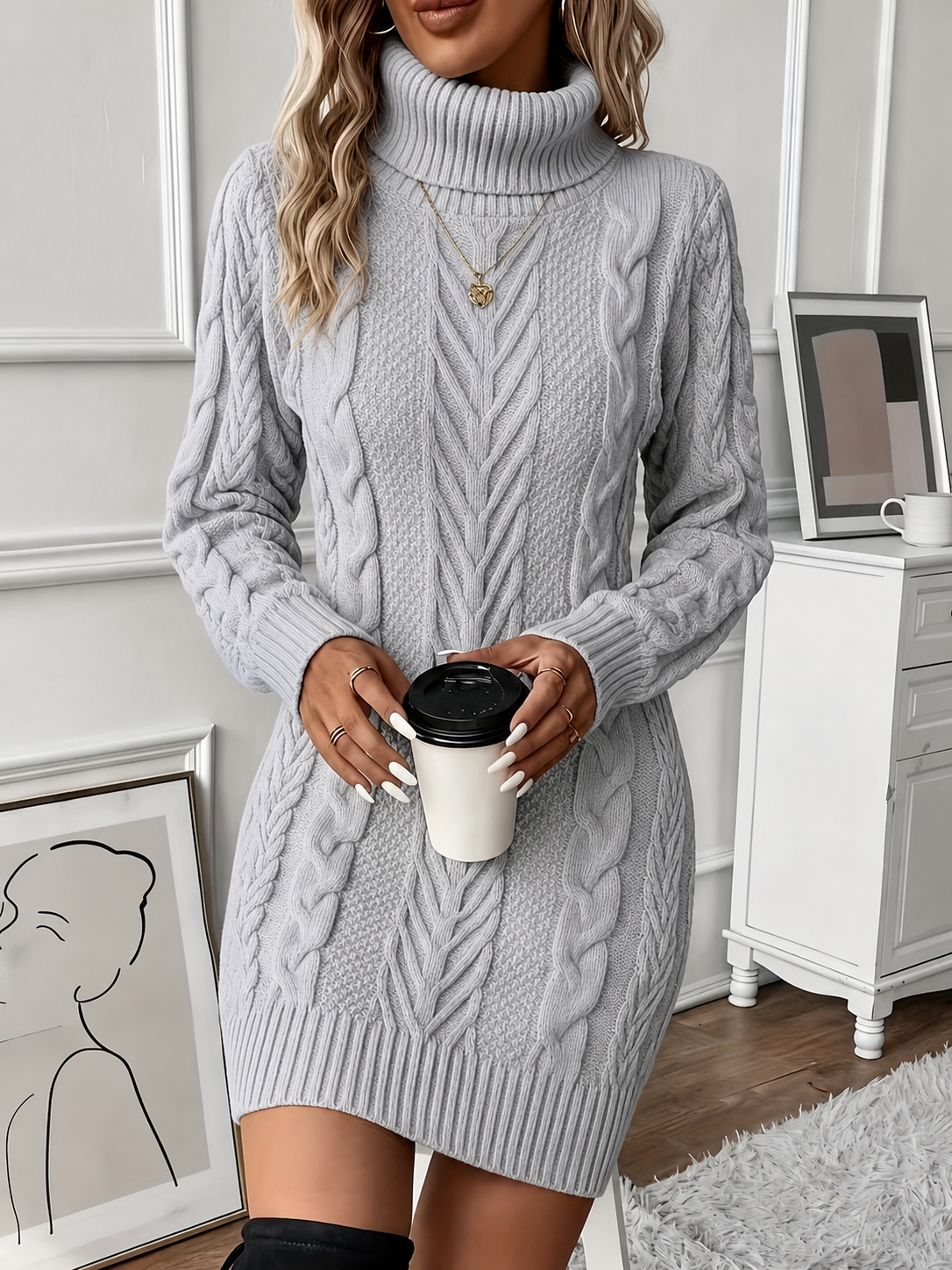 Women's Cable Knit Turtleneck Mini Dress with Long Sleeves, Light Grey, view 6