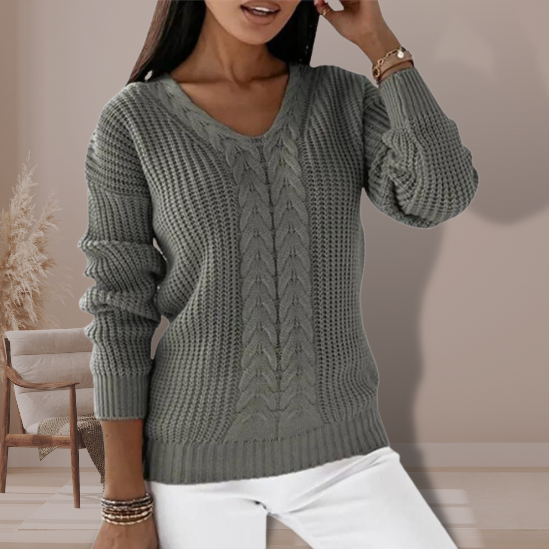 Women's Cable-Knit V-Neck Jumper with Ribbed Cuffs, Grey, view 1