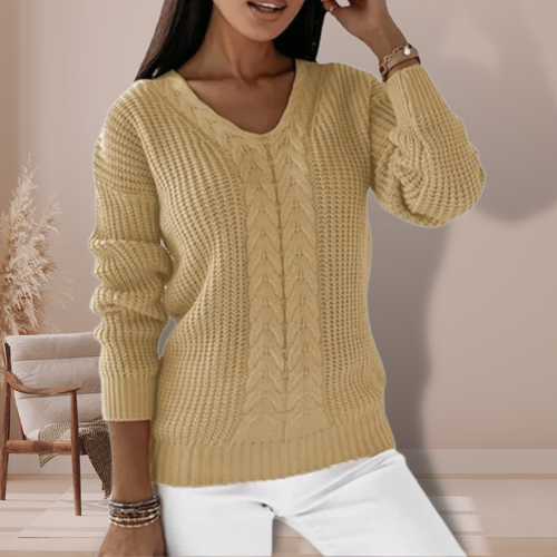 Women's Cable-Knit V-Neck Jumper with Ribbed Cuffs, Yellow, view 2