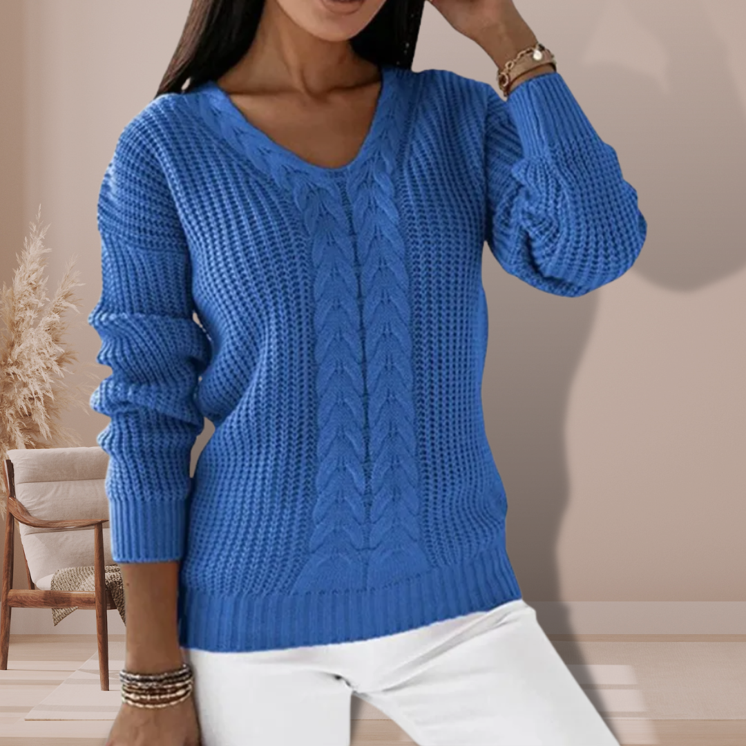 Women's Cable-Knit V-Neck Jumper with Ribbed Cuffs, Blue, view 3