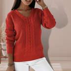 Women's Cable-Knit V-Neck Jumper with Ribbed Cuffs, Red, view 4