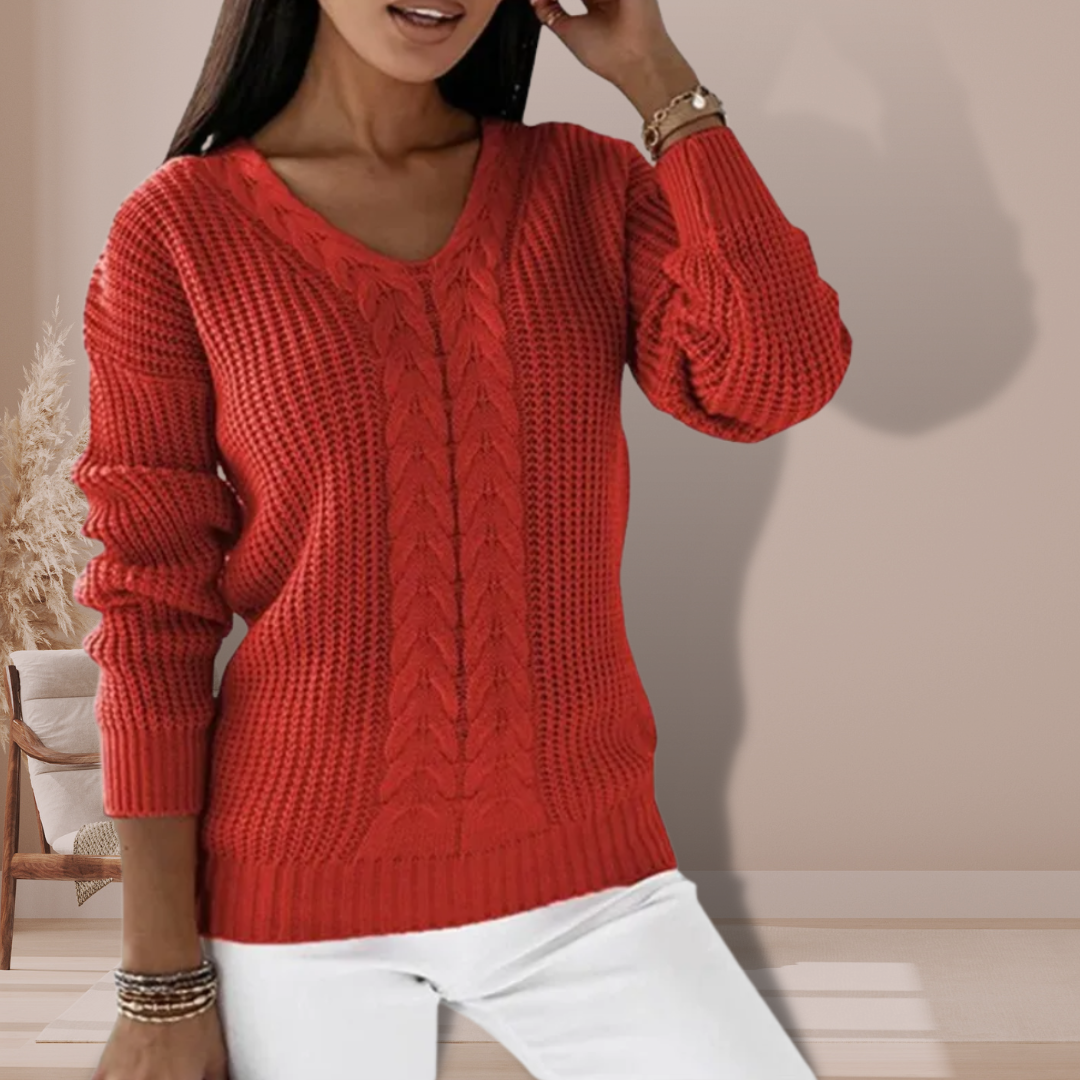 Women's Cable-Knit V-Neck Jumper with Ribbed Cuffs, Red, view 4