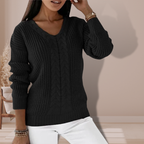 Women's Cable-Knit V-Neck Jumper with Ribbed Cuffs, Black, view 5