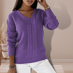 Women's Cable-Knit V-Neck Jumper with Ribbed Cuffs, Purple, view 6