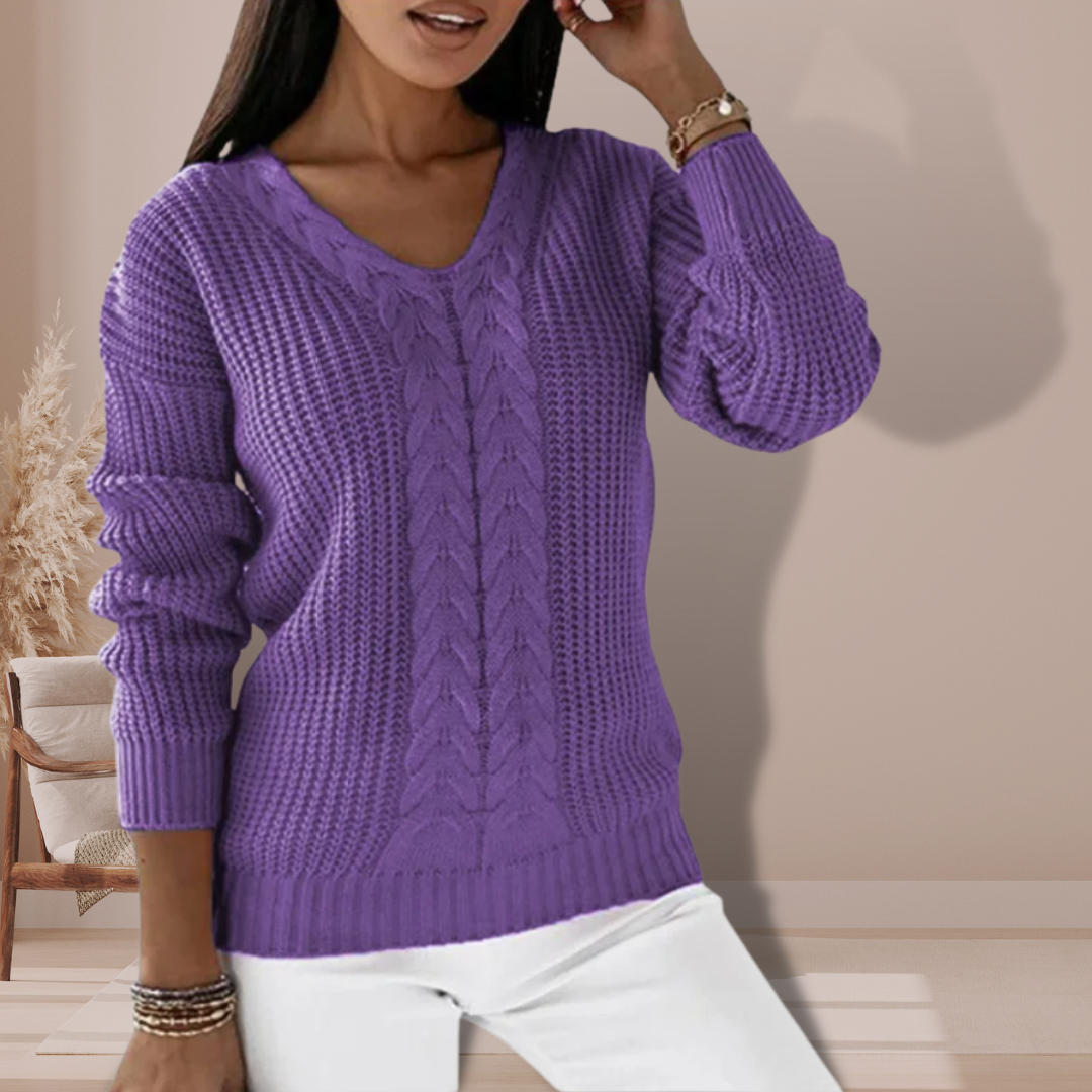 Women's Cable-Knit V-Neck Jumper with Ribbed Cuffs, Purple, view 6