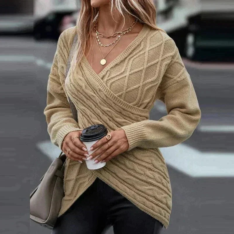 Women's Cable Knit Wrap Front V-Neck Jumper, Khaki, view 1