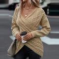 Women's Cable Knit Wrap Front V-Neck Jumper, Khaki, view 1